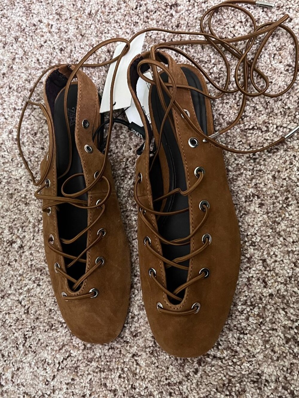 ZARA Dark Tan Suede Slingback Ballet Flats Lace Up Eyelet Shoes Size 6 NWT Chic - Picture 4 of 10